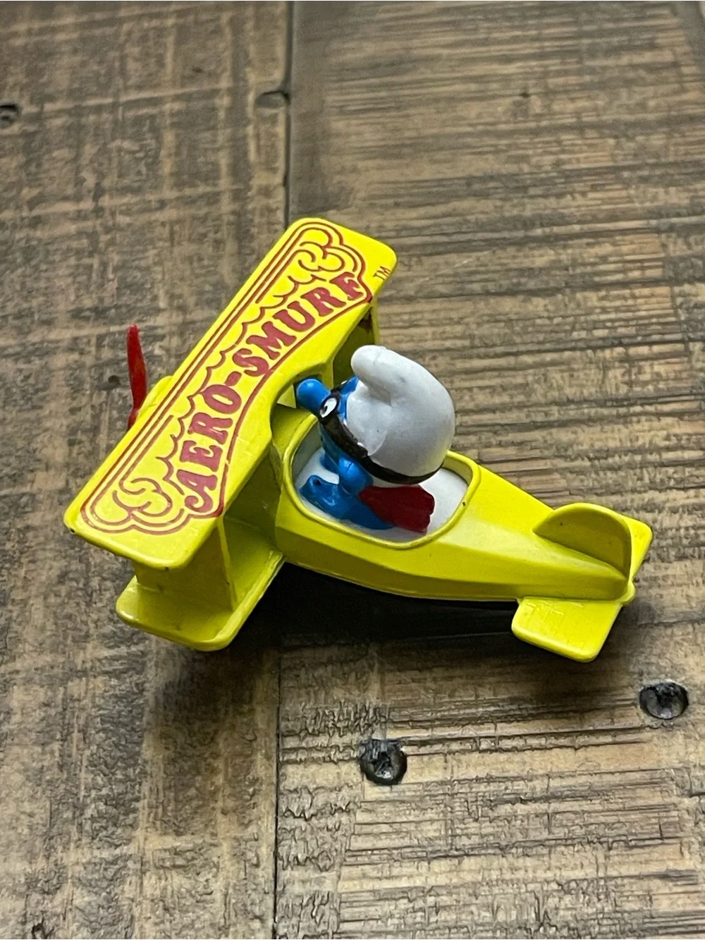 Vintage 1982 ERTL Smurfs Die-Cast #2 Aero-Smurf Yellow Biplane